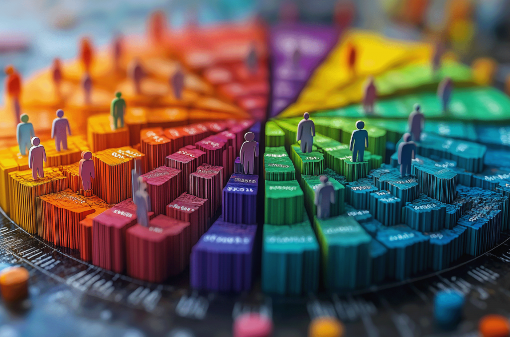 Colourful 3D pie chart with paper people on it